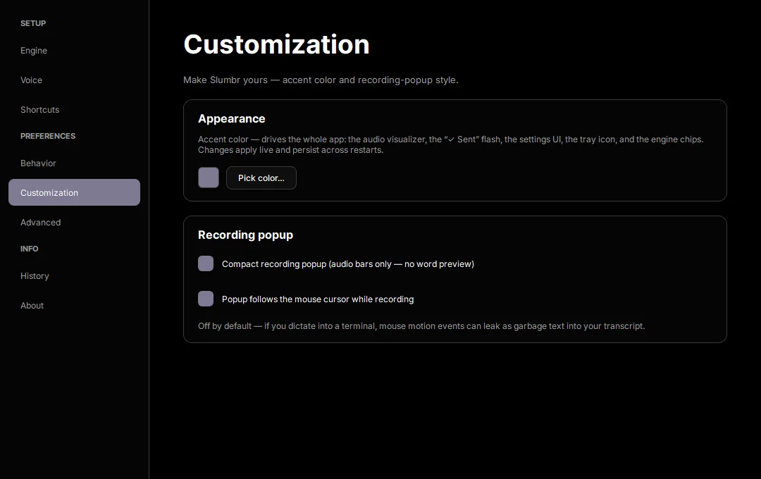 Customization — accent color and popup style