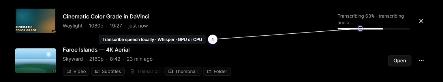 Built-in local Whisper transcription in progress